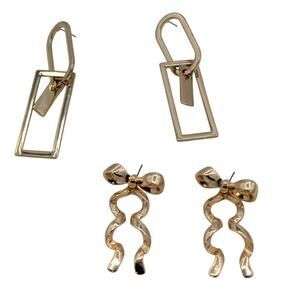 Two Pair Ribbon Bows Geometric Shapes Gold Tone Dangle Pierced Earring Lot